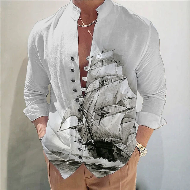 Men's Nautical Vintage Sailboat Shirt Button Up Shirt Long Sleeve Fashion Streetwear Designer Outdoor Casual Daily Summer Spring Fall Stand Collar Print Blue Brown Khaki Gray 6