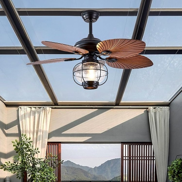  Ventilateur de plafond tropical de 42/52 pouces extérieur intérieur étanche, lustre de ventilateur de plafond à feuilles industrielles silencieux à 3 vitesses avec télécommande 6 pales réversibles en feuille de palmier abat-jour à cage métallique 220-240v