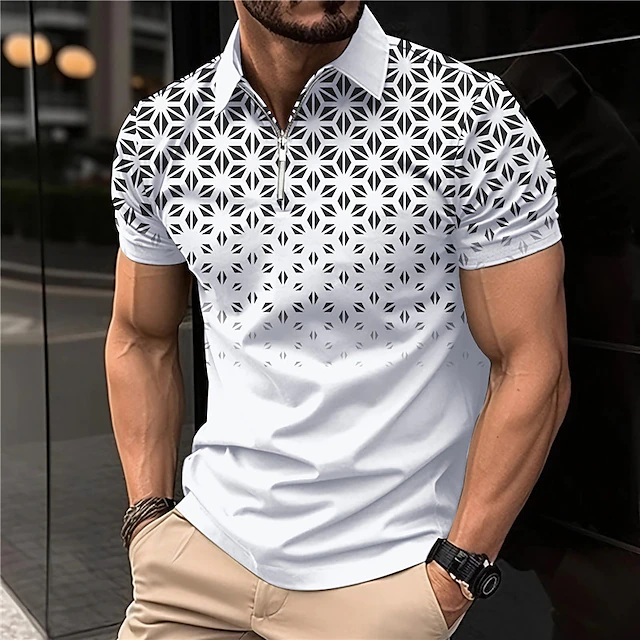 Men's Geometric Zip Polo Shirts Golf Shirt Short Sleeve Polo Shirts Collared Shirts Business Casual WorkWear Formal Wear Festival Wear 3D Print Quarter Zip Polo White Pink Blue 5
