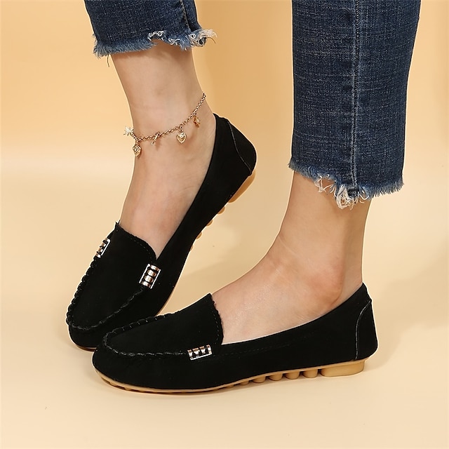  Women's Slip-Ons Loafers Plus Size Comfort Shoes Outdoor Daily Solid Color Summer Flat Heel Square Toe Elegant Casual Minimalism Walking PU Loafer Black Yellow Green
