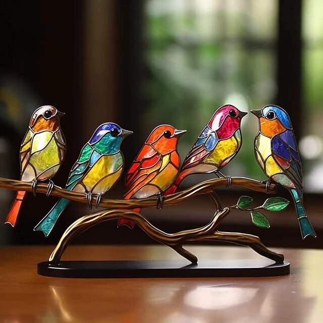 Stained Birds On Branch Desktop Ornaments,Metal Flat Vivid Birds ...