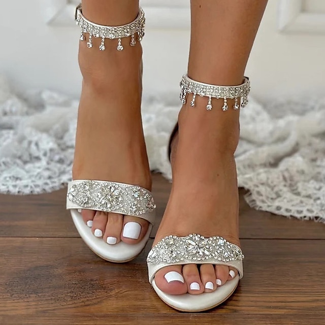  Women's Wedding Shoes Bling Bling Bridal Shoes Rhinestone Chunky Heel Open Toe Minimalism Faux Leather Ankle Strap White