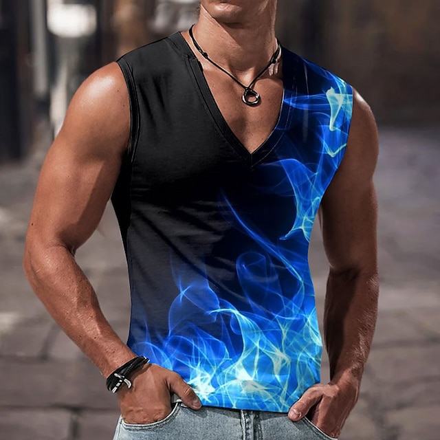  Graphic Bloque de color Fuego Design Casual Músculo Hombre Impresión 3D Camiseta sin mangas Camiseta sin mangas para hombre Camisa de llama Deportes Carrera Gimnasia Camiseta Rojo Azul Morado Sin