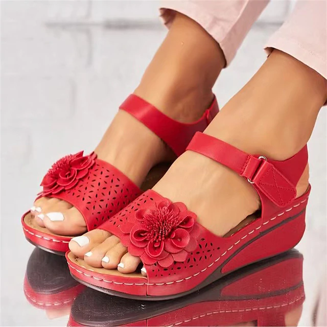 Women's Red Wedge Sandals with Floral Embellishments and Adjustable Ankle Strap for Summer and Casual Outfits 11