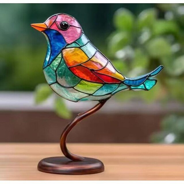 Stained Birds On Branch Desktop Ornaments,Metal Flat Vivid Birds