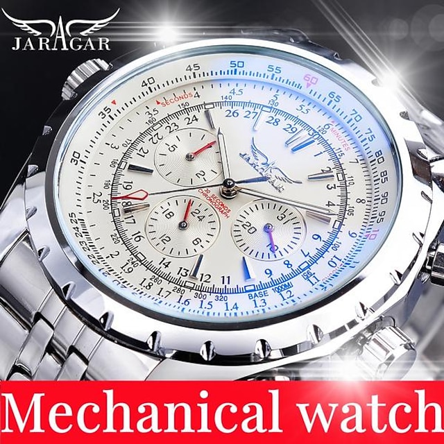  jaragar μηχανικό ρολόι για άντρες αεροπόρος σειρά στρατιωτικός αληθινός άντρες σπορ αυτόματο ρολόι πολυτελείας από ανοξείδωτο ατσάλι μηχανικό ανδρικό ρολόι ώρα φωτεινό ρολόι χειρός μπλε γυαλί