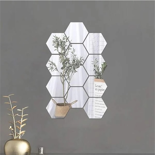  Adhesivo de pared de espejo hexagonal de 12 uds, adhesivo de espejo decorativo geométrico de plástico para decoración del hogar