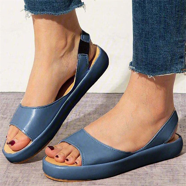 Women's Blue Slingback Flat Sandals with Elastic Strap and Open Toe, Lightweight Casual Summer Shoes for Walking, Travel, and Daily Wear 18