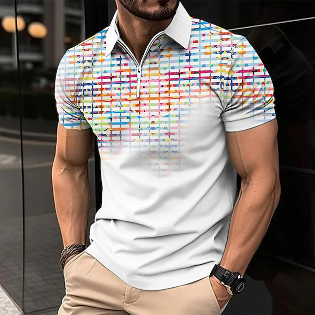 Men's Zip Polo Lapel Polo Polo Shirt Golf Shirt Plaid / Check Graphic ...