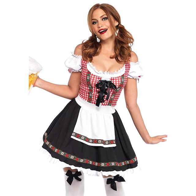  Carnaval Cerveza Oktoberfest Disfraz Falda acampanada Trachtenkleader Blusa con falda acampanada bávaro Mucama Alemán Munich prados Mujer Paño de estilo tradicional Vestido Delantal