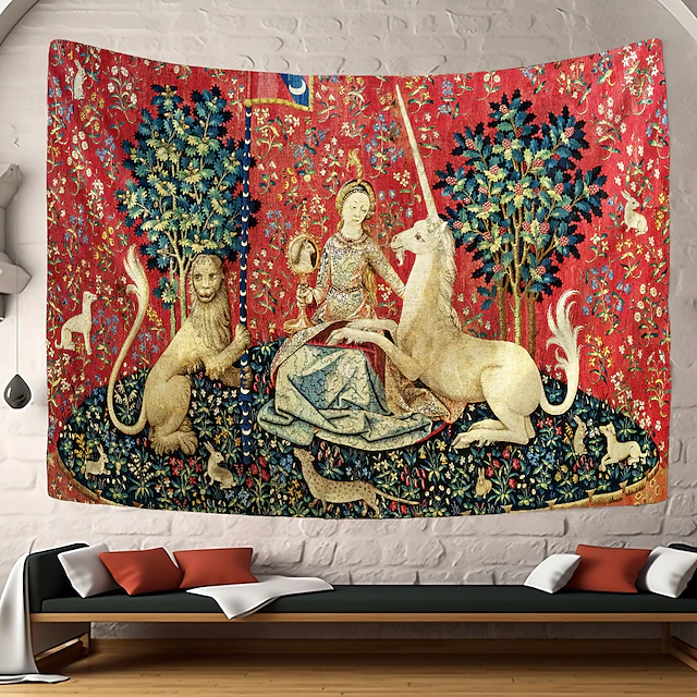 Lady and the Unicorn Medieval Tapestry Middle Age Tapestry Vintage Wall Art Large Tapestry Mural Decor Photograph Backdrop Blanket Curtain Home Bedroom Living Room Decoration 26