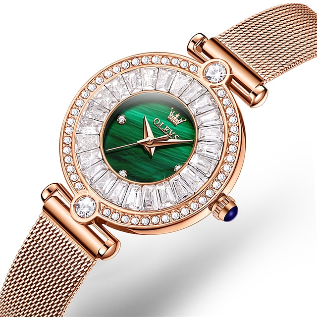  Olevs ブランドレディースクォーツ時計ダイヤモンドメッシュバンドモデルレディース腕時計グリーンゴースト防水エレガントな装飾レディース腕時計