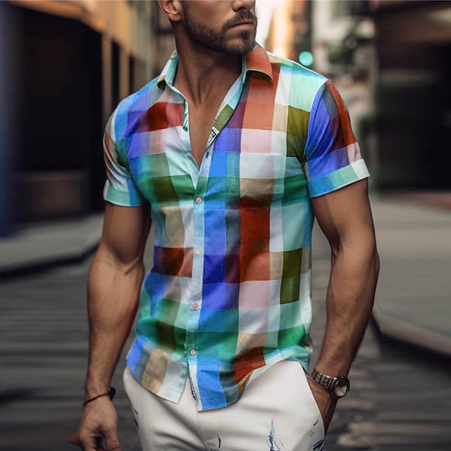  Bărbați Plisat Model Geometric Cămașă Camașă cu nasturi Manșon scurt Modă Șic Stradă Designer În aer liber Stradă Zilnic Vară Primăvară Răsfrânt Imprimeu Galben Verde Deschis Albastru piscină Trifoi