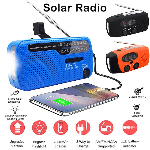  Multi-Band AM/FM/SW Portable Radio Emergency Hand Crank Solar Radio with LED Flashlight 2000mAh Power Bank Cell Phone Charger