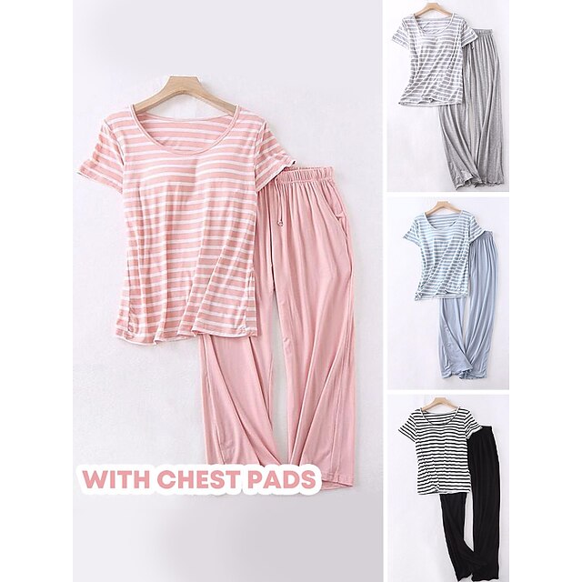 Women's 2 Piece Pajama Sets Long Sleeve Stripe Shirt and Pants Crew