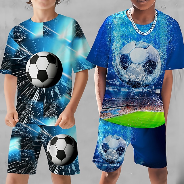  Dla chłopców 3D Graficzny Piłka nożna Koszulka i spodenki Zestaw T-shirtów Komplet odzieży Krótki rękaw Wydruki 3D Lato Wiosna Aktywny Sport Moda Poliester Dzieci 3-13 lat Na zewnątrz Ulica Urlop