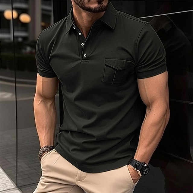  Herren Polos mit Knöpfen Golfhemd Arbeit Casual Kargen Kurzarm Modern Ausgefallene Glatt Vordertasche Sommer Regular Fit Schwarz Armeegrün Rot Marineblau Grau Polos mit Knöpfen