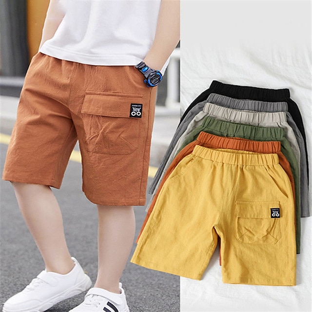  Kids Boys Shorts Pocket Solid Color Breathable Comfort Shorts Outdoor Cool Daily turmeric Black Sky Blue Mid Waist