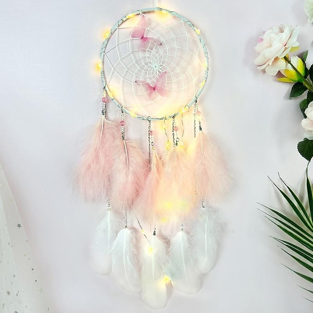  Butterfly Dream Catcher Handmade Gift Feather Hook Flower Wind Chime with One Circle Ornament Wall Hanging Decor Art Boho Style 16x65cm/6.2''x25.5''
