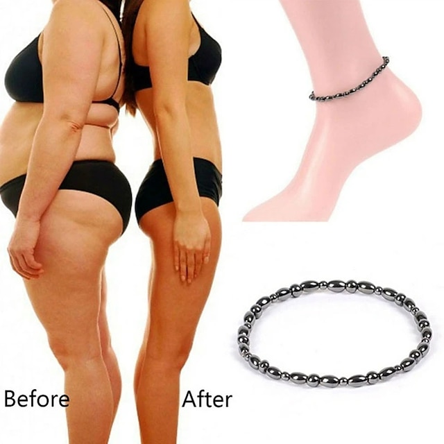  2Pcs Lose Weight Girl Women Men Charm Magnetic Black Stone Anklet Natural Black Obsidian Magnetic Therapy Anklet Slim Hematite Anklet