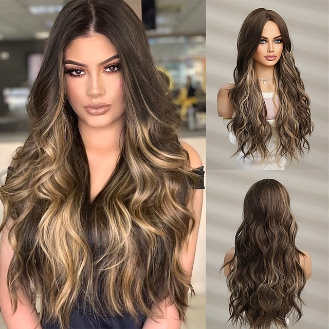  bruin lange golf pruiken pruik voor vrouwen body wave haar pruik met blond hoogtepunt pruik voor vrouwen dagelijks feest gebruik hittebestendige halloween cosplay party pruiken