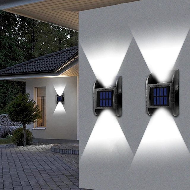  Lot de 2 appliques murales solaires 2 LED vers le haut et vers le bas illuminent la lampe solaire extérieure IP65 étanche décor moderne pour porche de jardin à la maison, noir