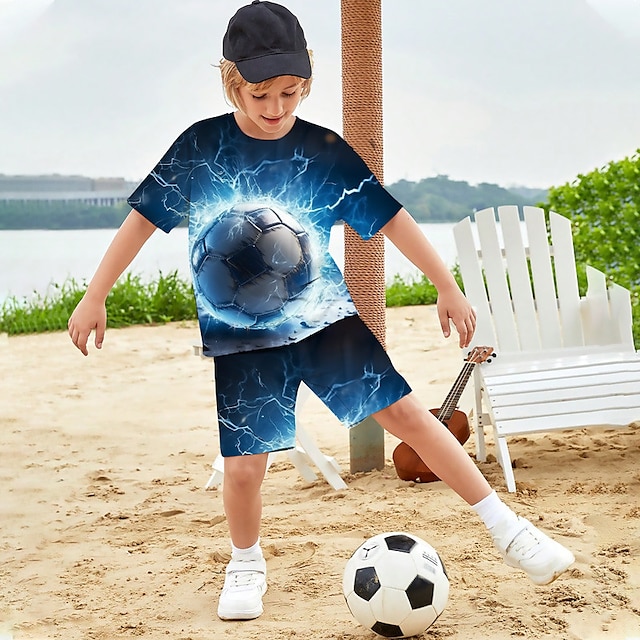  Băieți 3D Grafic Fotbal Tricou și Pantaloni scurți Set tricouri Set de îmbrăcăminte Manșon scurt Imprimeuri 3D Vară Primăvară Activ Sport Modă Poliester Copii 3-13 ani În aer liber Stradă Vacanță Fit
