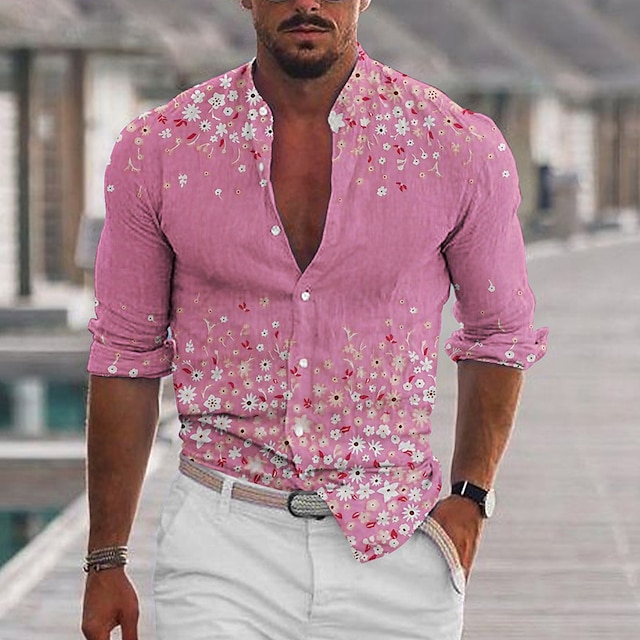  Herr Blommig Skjorta Knapp upp skjorta Långärmad Mode Streetwear Designer Utomhus Ledigt Dagligen Sommar Vår Höst Hög krage Mönster Gul Rodnande Rosa Purpur Grön Grå