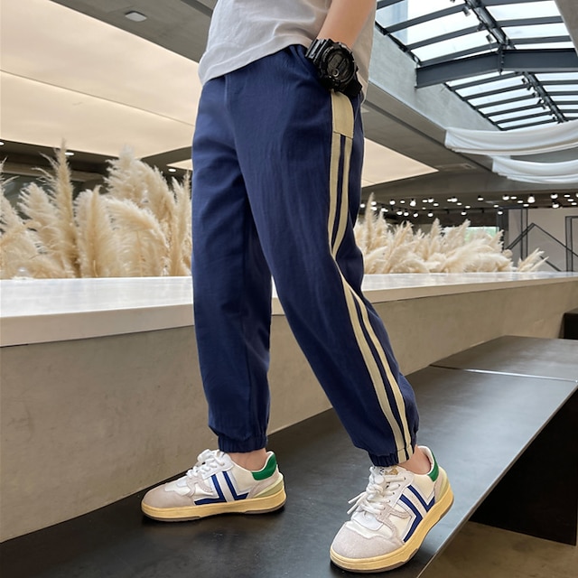  Boy Linen Pants Trousers Pocket Side Stripe Stripe Breathable Comfort Pants Outdoor Sports Daily Basic Army Green Royal Blue Blue Mid Waist