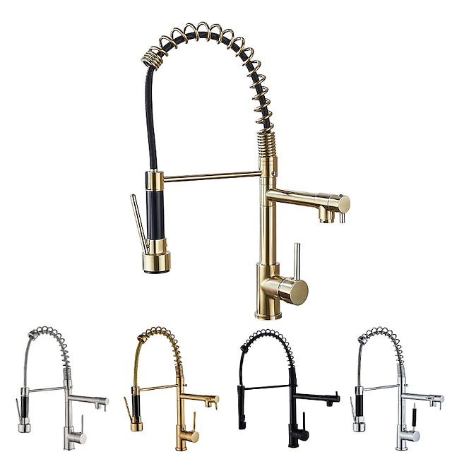  Kitchen Faucet Pull Out Sink Mixer Taps Dual Spout, High Arc Spring Vessel Brass Taps, Single Handle 360 Swivel Sprayer with Hot and Cold Water Hose