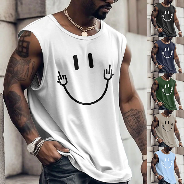 Men's Graphic Smile Face Vest Top Sleeveless T Shirt for Men Cap Sleeve T shirt 3D Print Crew Neck Shirt Fashion Designer Muscle Daily Sports Gym Black White Navy Blue Spring & Summer Clothing Apparel 7