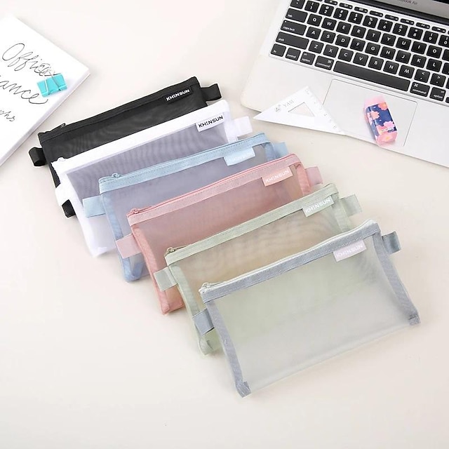  enkel gennemsigtig mesh penalhus opbevaring studerende blyant taske stor kapacitet poser brevpapir kosmetik tasker