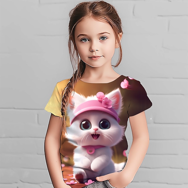  dziewczęca koszulka z nadrukiem 3d z motywem zwierzęcym i kotem, krótki rękaw, nadruk 3d, letnia, wiosenna, aktywna, modna, śliczna, poliester, dziecięca, 4-12 lat, na zewnątrz, swobodna, codzienna, regularna