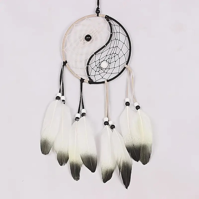  Tai Chi Dream Catcher Black And White Handmade Hanging Ornaments Home Indoor Dream Catchers Hand-Painted Feathers Traditional Yin And Yang Car Pendant 15x55cm/6''x22''