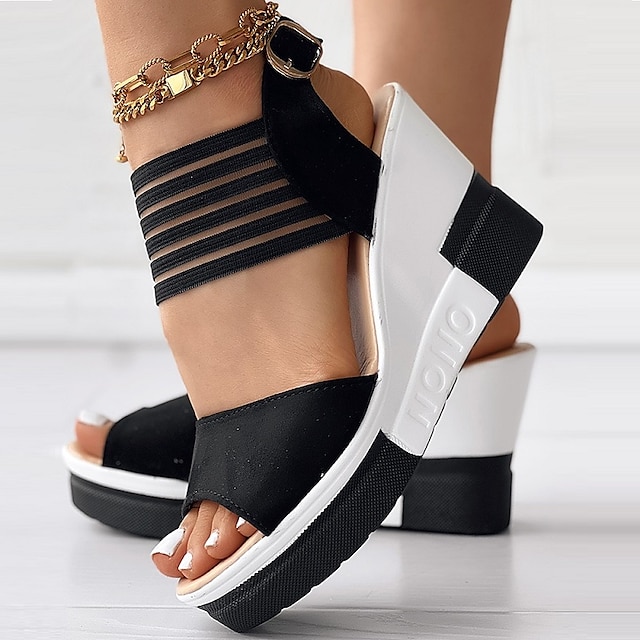  Women's Sandals Comfort Shoes Daily Solid Color Summer Wedge Heel Open Toe Fashion Casual Satin Ankle Strap Black Brown khaki