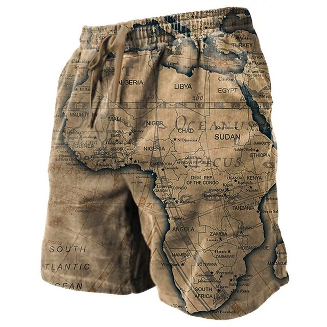 Men's Sweat Shorts Beach Shorts Terry Shorts Drawstring Elastic Waist 3D Print Graphic Map Soft Breathable Short Daily Holiday Streetwear Casual Athleisure Khaki Micro-elastic2