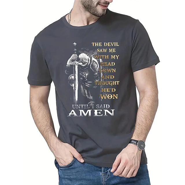Men's Inspirational Knight Graphic T-Shirt: 'The Devil Saw Me Until I Said Amen' Faith Design 18