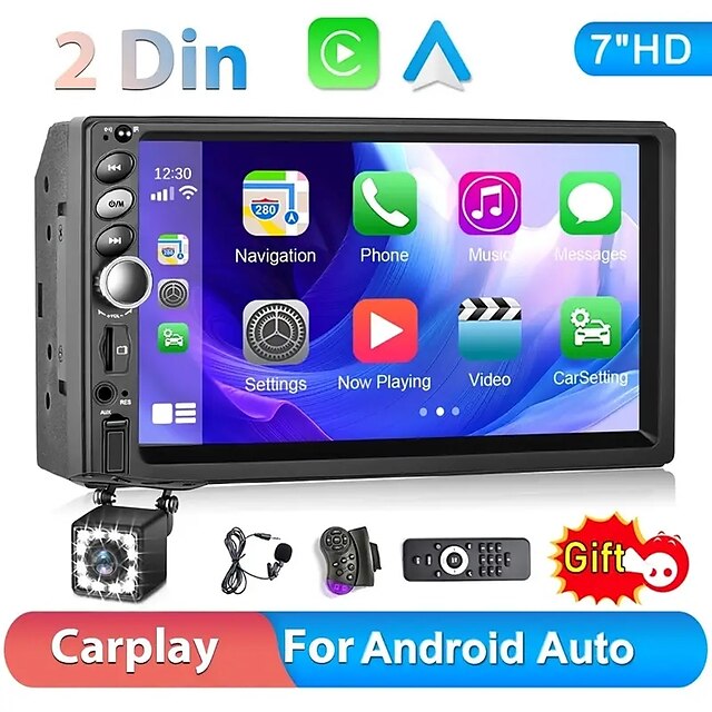  rádio estéreo de carro duplo din 7'' tela sensível ao toque carplay & para android auto carro multimídia player com receptor de rádio bt fm câmera de visão traseira