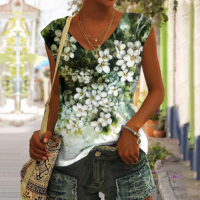 Women's Camisole Tank Top Basic Floral Print Sleeveless Regular Tops V Neck Casual Holiday Blue Purple Green4