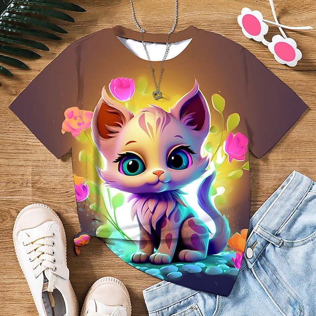  Pige 3D Grafisk Tegneserie Kat T-shirt Kortærmet 3D-udskrivning Sommer Forår Aktiv Mode Sød Stil Polyester Børn 3-12 år udendørs Afslappet Daglig Regulær