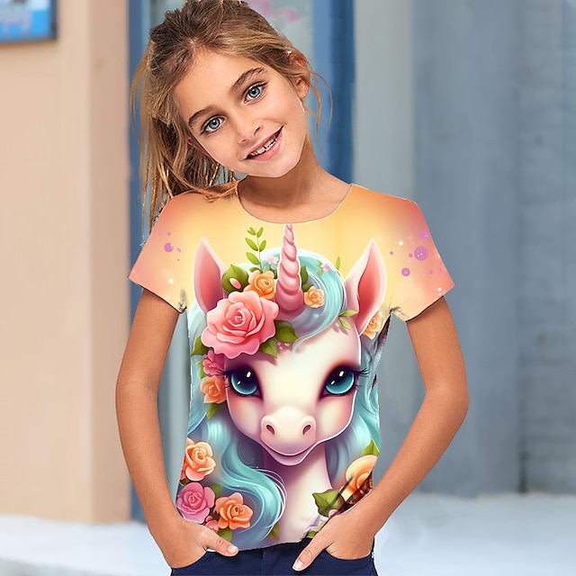  女の子 3D グラフィック カートゥン ユニコーン Tシャツ Ｔシャツ 半袖 3Dプリント 夏 春 活発的 ファッション かわいいスタイル ポリエステル 子供 3〜12年 アウトドア カジュアル 日常 レギュラー