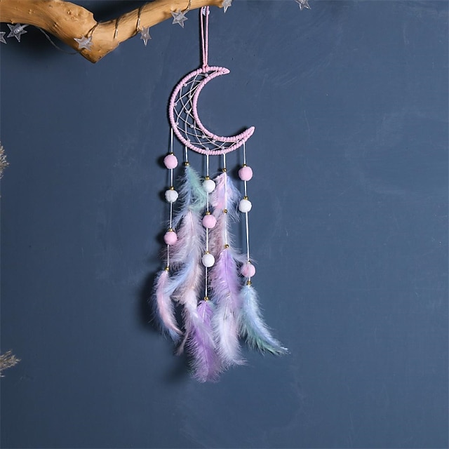  Atrapasueños de 1 pieza, atrapasueños de plumas con diseño de luna y estrella de gato, adorno colgante para decoración del hogar para colgar en la pared para la habitación de los niños