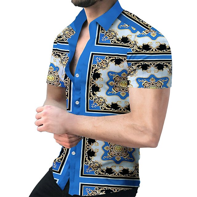 Men's Baseball Collar Short-sleeved Letter Printed Button Up Trendy Cool Casual Shirt