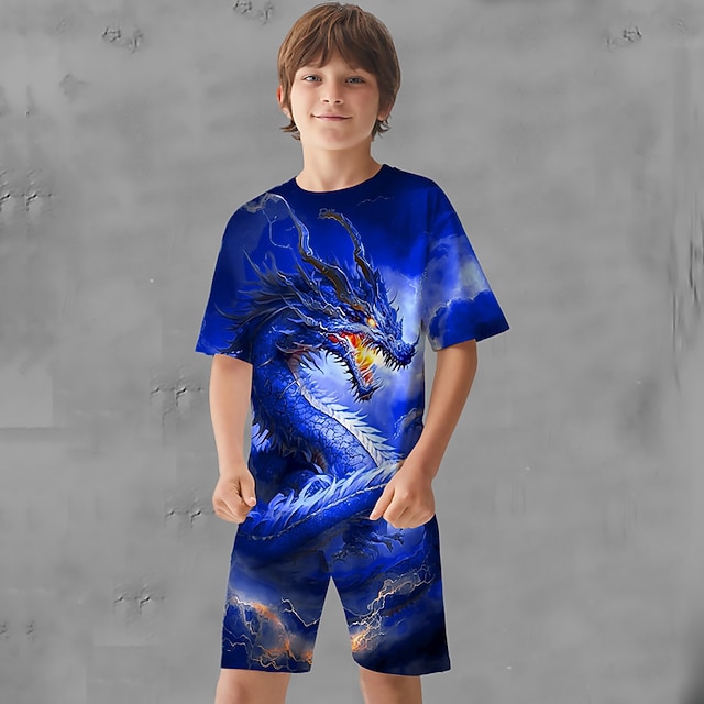  Drenge 3D Grafisk Dyr Drage T-shirt & Shorts T-shirt sæt Tøjsæt Kortærmet 3D-udskrifter Sommer Forår Aktiv Sport Mode Børn 3-13 år udendørs Ferierejse Gade Regulær