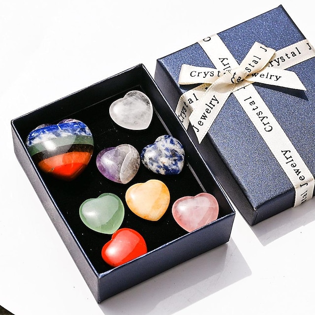 بلورات الشفاء، مجموعة قلب الخوخ الكريستالي الطبيعي، خياطة ملونة، اليشم على شكل قلب، مجموعة من حجر اليوجا، صندوق هدايا مصنوع يدويًا