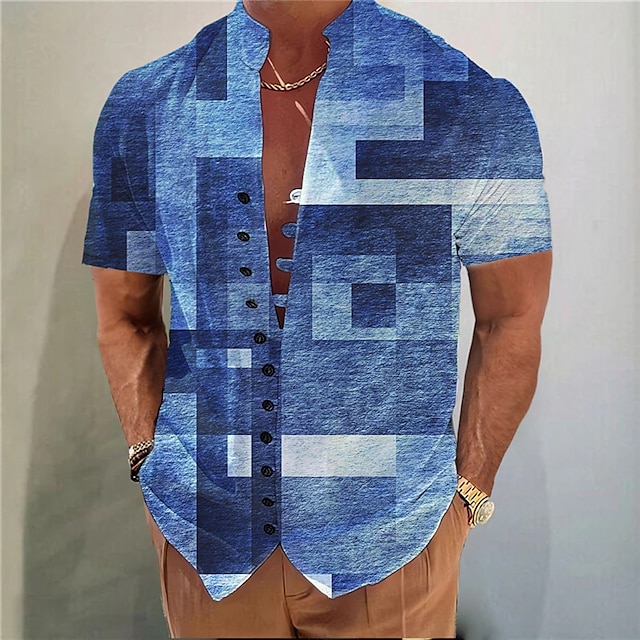 Men's Shirt Plaid / Check Graphic Prints Geometry Stand Collar Blue ...