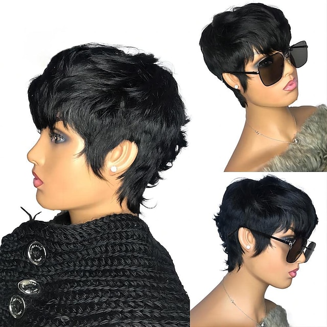  fryzura pixie peruka ludzki włos krótki bob peruki dla czarnych kobiet peruka z ludzkich włosów brak koronkowa peruka z przodu z grzywką warstwowa pełna peruka wykonana maszynowo 1b kolor