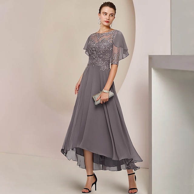  Robe de la mère de la mariée en A formelle invitée de mariage élégante décolleté en V longueur thé en chiffon dentelle manches courtes avec perles appliquées taille personnalisée gratuite