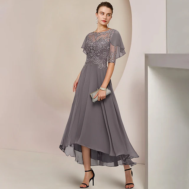 A-Line Mother of the Bride Dress Formal Wedding Guest Elegant Scoop Neck Asymmetrical Tea Length Chiffon Lace Half Sleeve with Beading Appliques 7