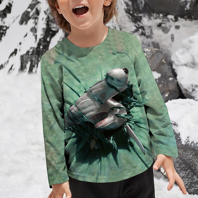 Drenge 3D Grafisk Dyr Haj T-shirt Langærmet 3D-udskrivning Sommer Forår Efterår Sport Mode Gade Polyester Børn 3-12 år udendørs Afslappet Daglig Regulær